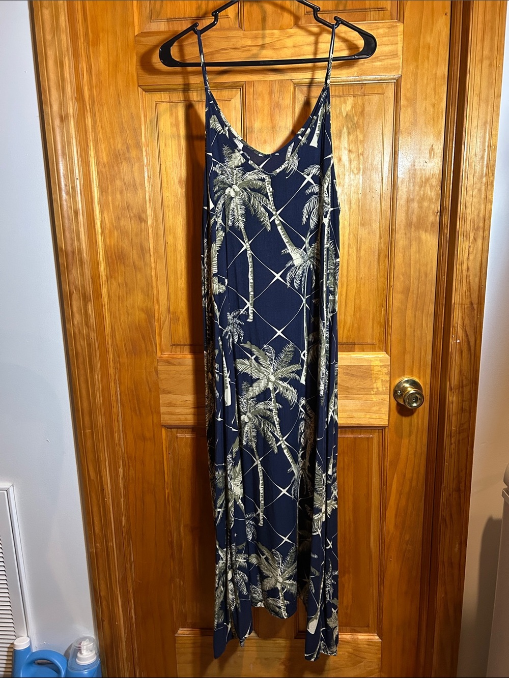 Navy Palm-Print Maxi Slip Dress